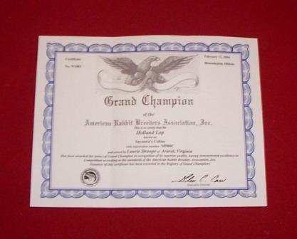 ARBA Grand Champion Rabbit Official Certificate